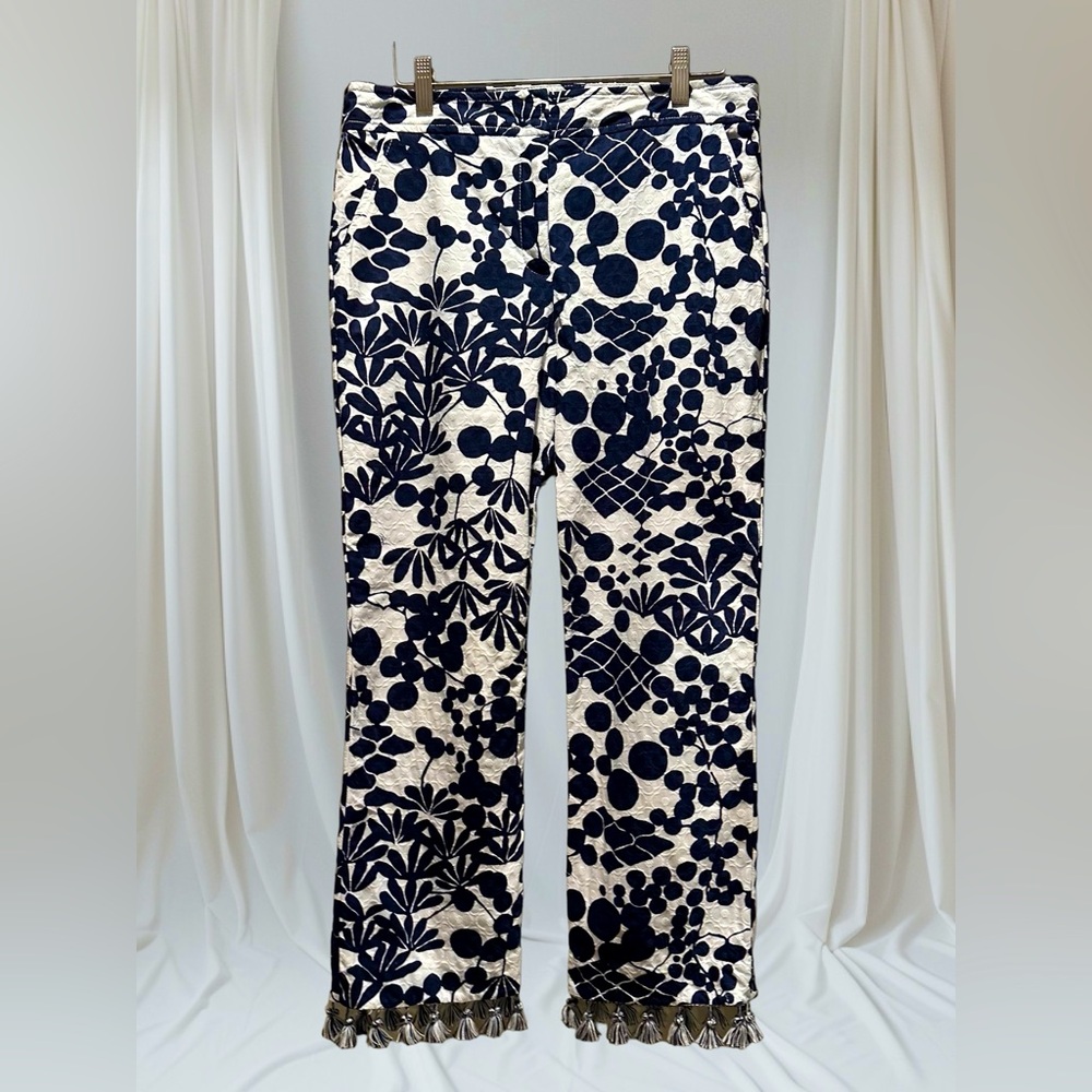 Trina Turk Navy and white floral tassel hem pants. Size 8.